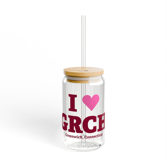 I Heart GRCH Glass Can with Straw and Lid, 16oz