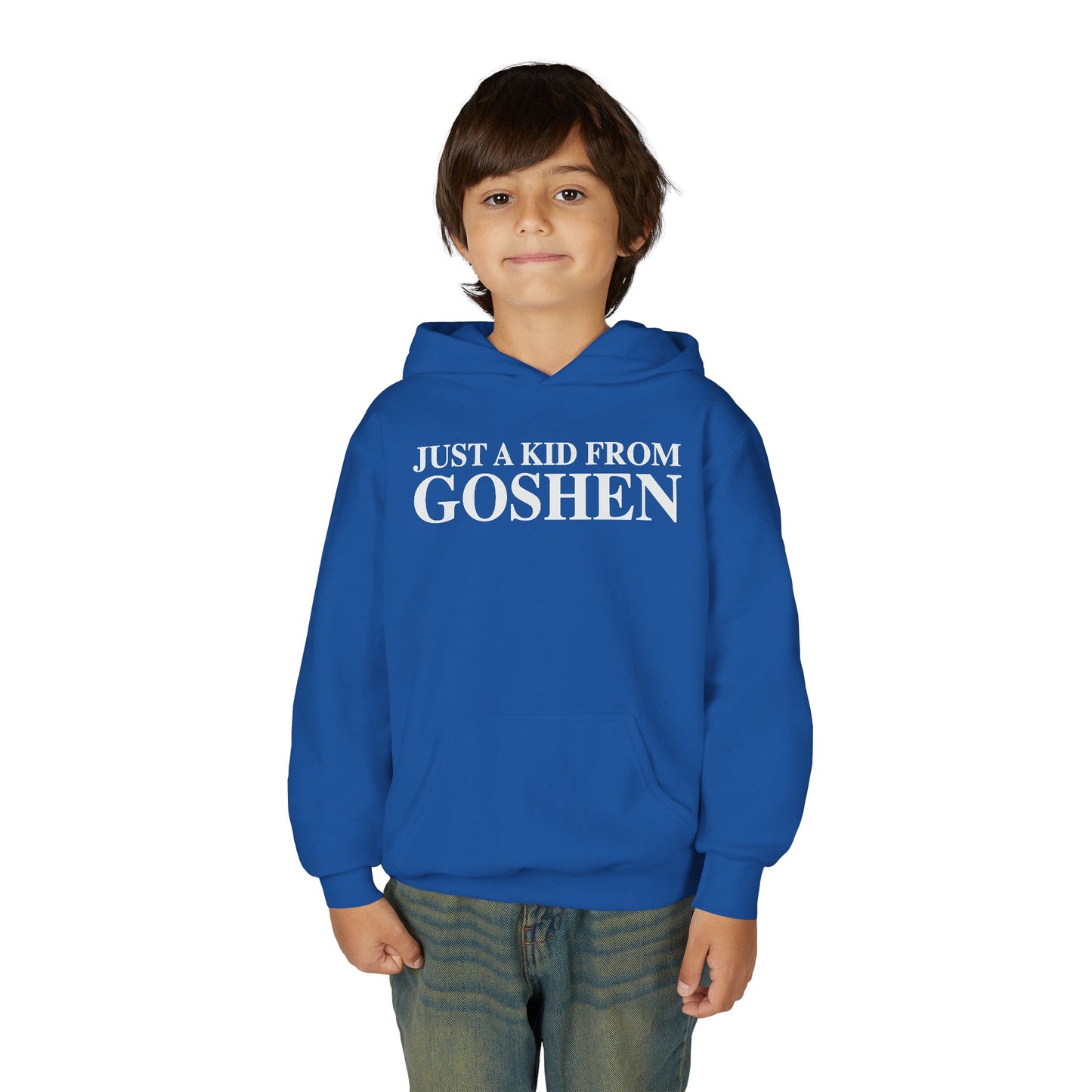 Just a kid from Goshen Youth Heavy Blend Hooded Sweatshirt