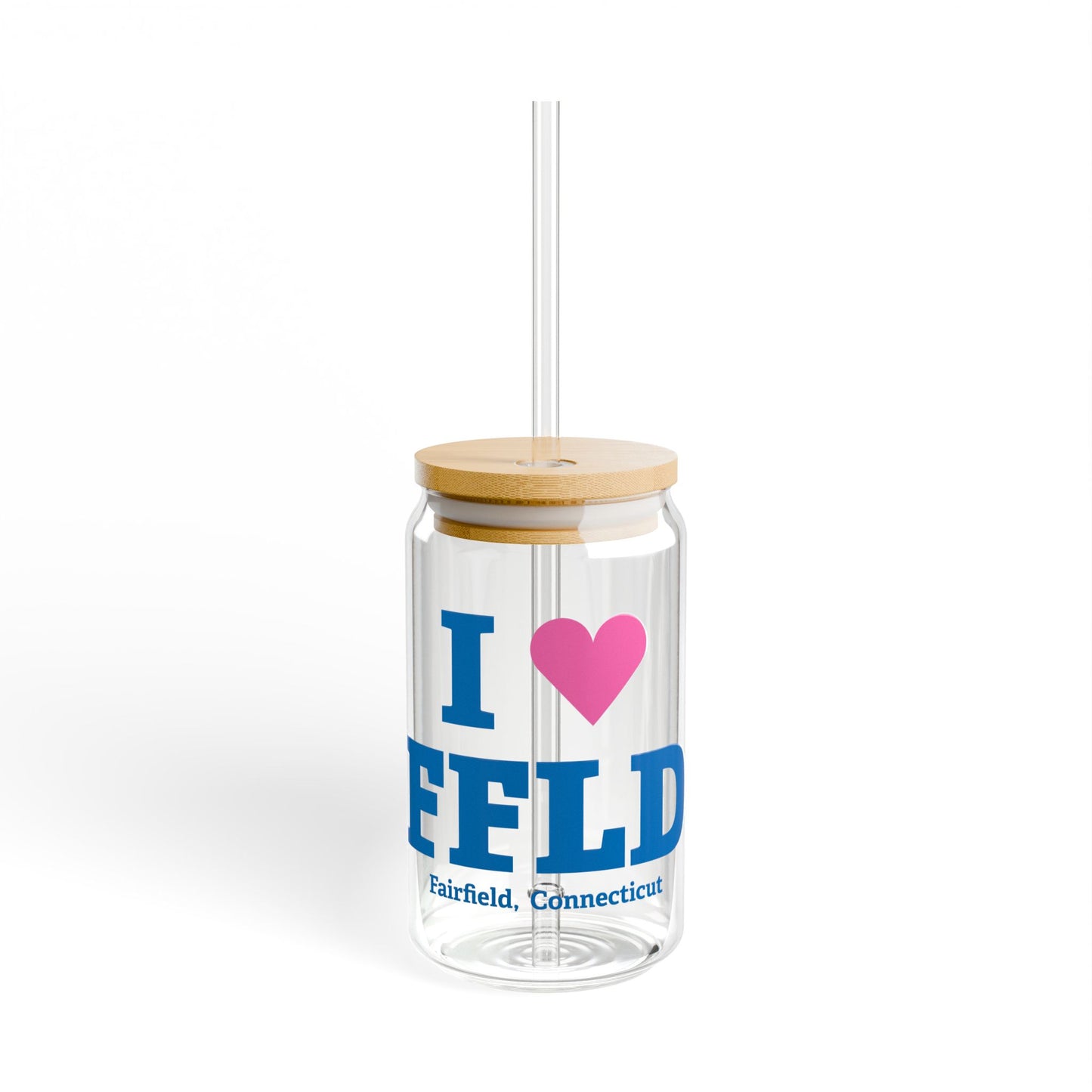 I Heart FFLD Glass Can with Straw and Lid, 16oz