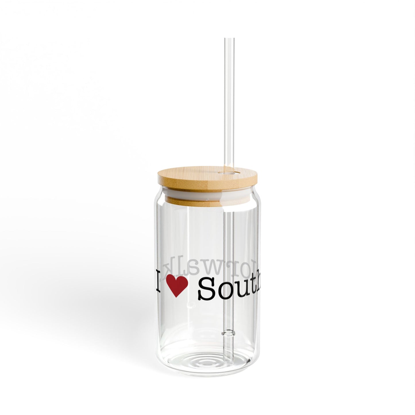 I Heart South Norwalk. Glass Can with Straw and Lid, 16oz