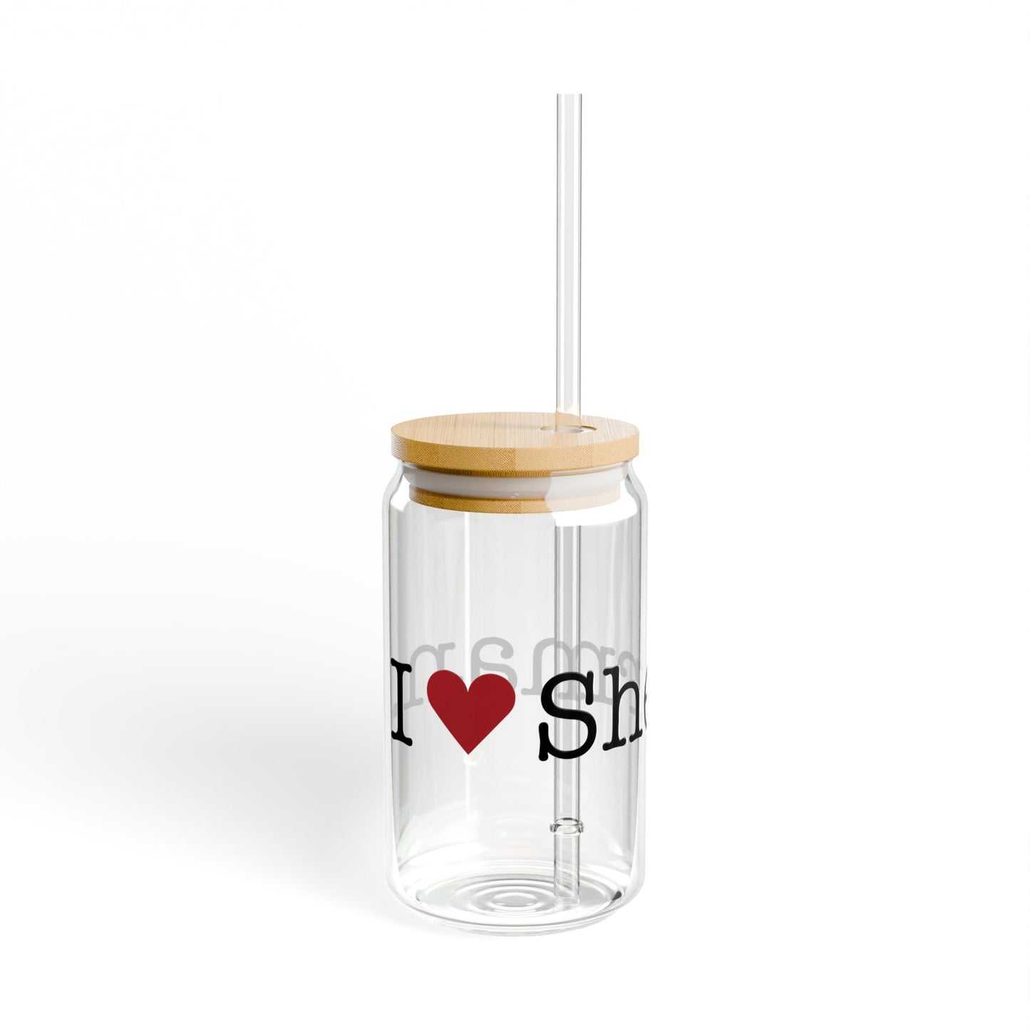 I Heart Sherman. Glass Can with Straw and Lid, 16oz