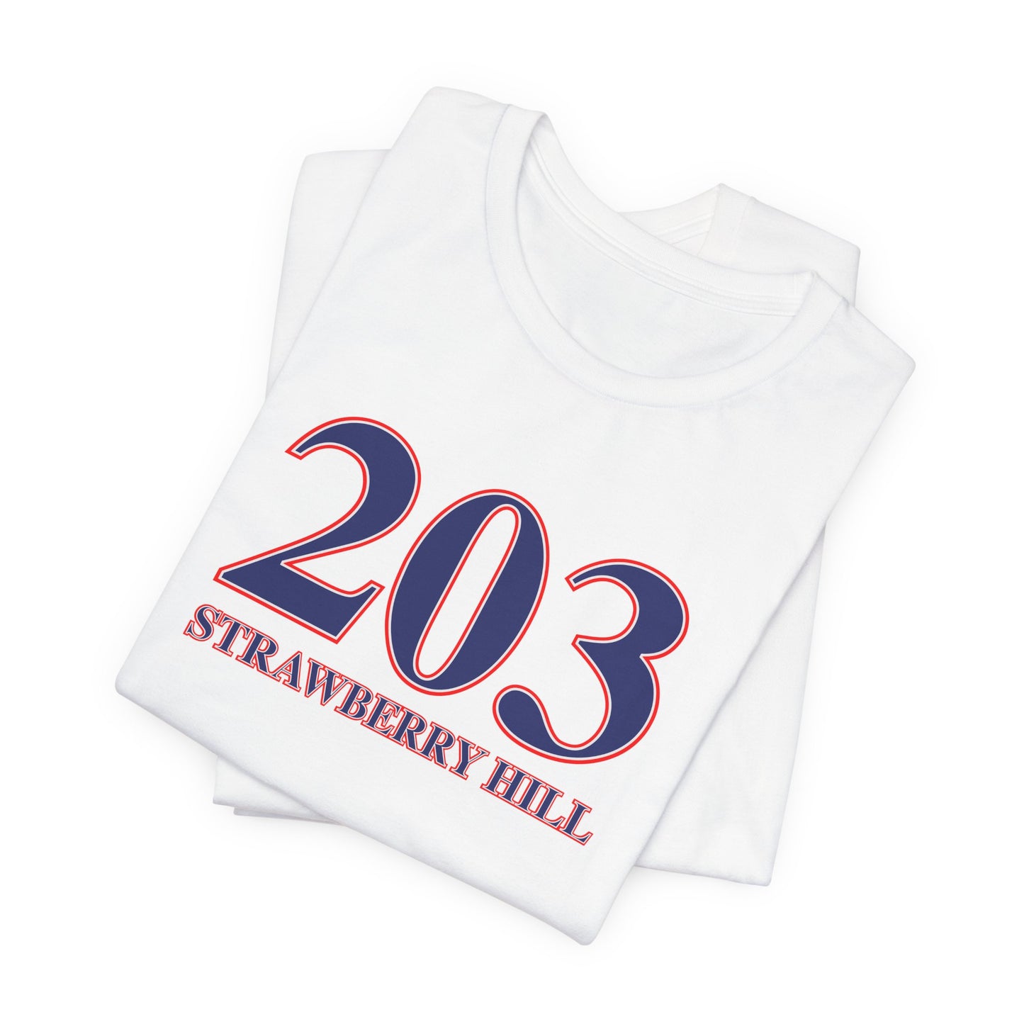 203 Strawberry Hill Red, White & Blue Unisex Jersey Short Sleeve T-Shirt