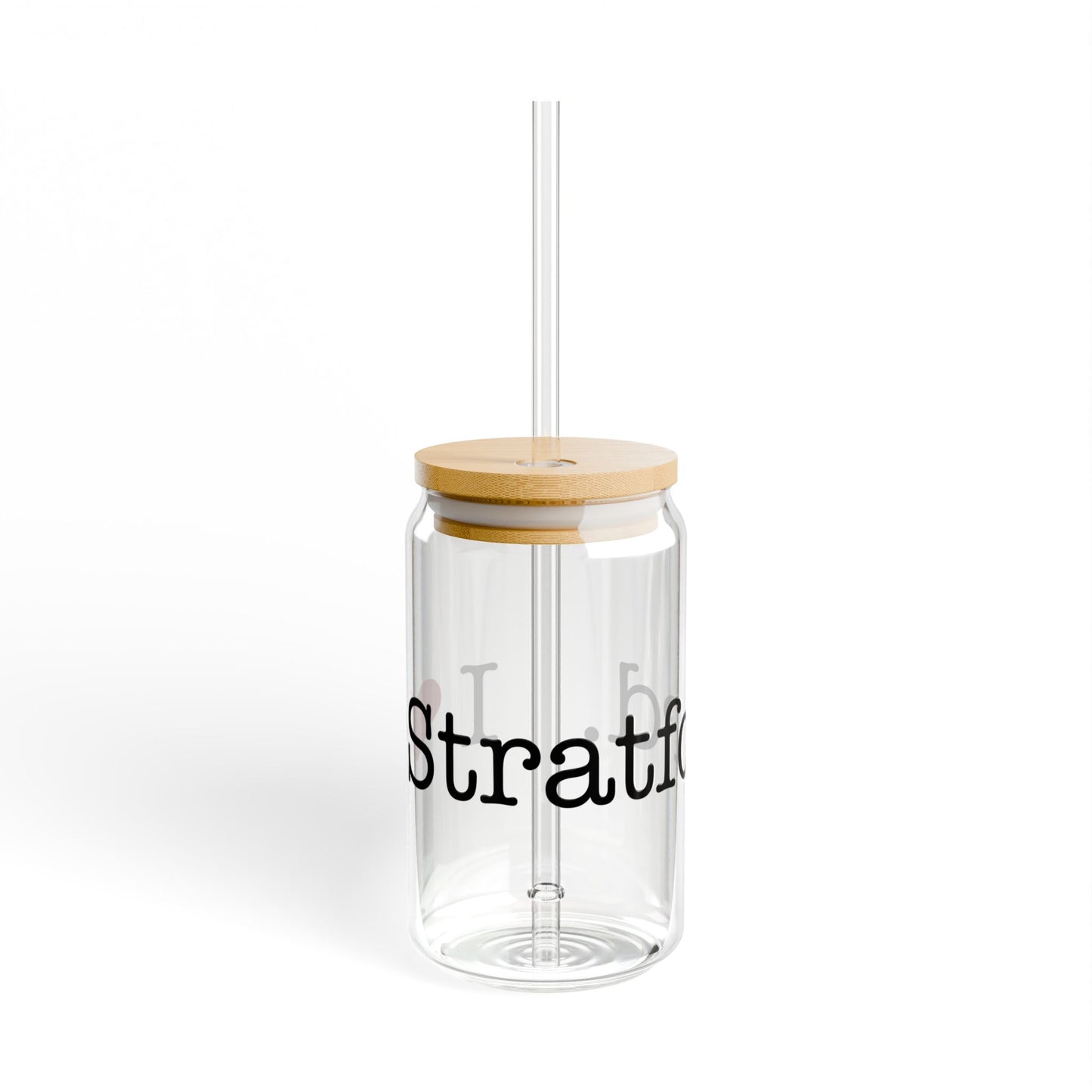 I Heart Stratford. Glass Can with Straw and Lid, 16oz