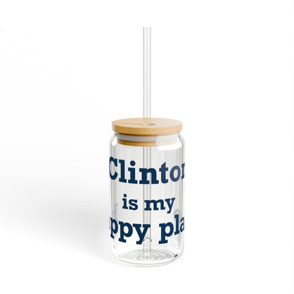 Clinton is My Happy Place Glass Can with Straw and Lid, 16oz