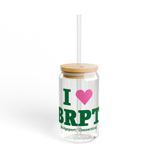 I Heart BRPT Glass Can with Straw and Lid, 16oz