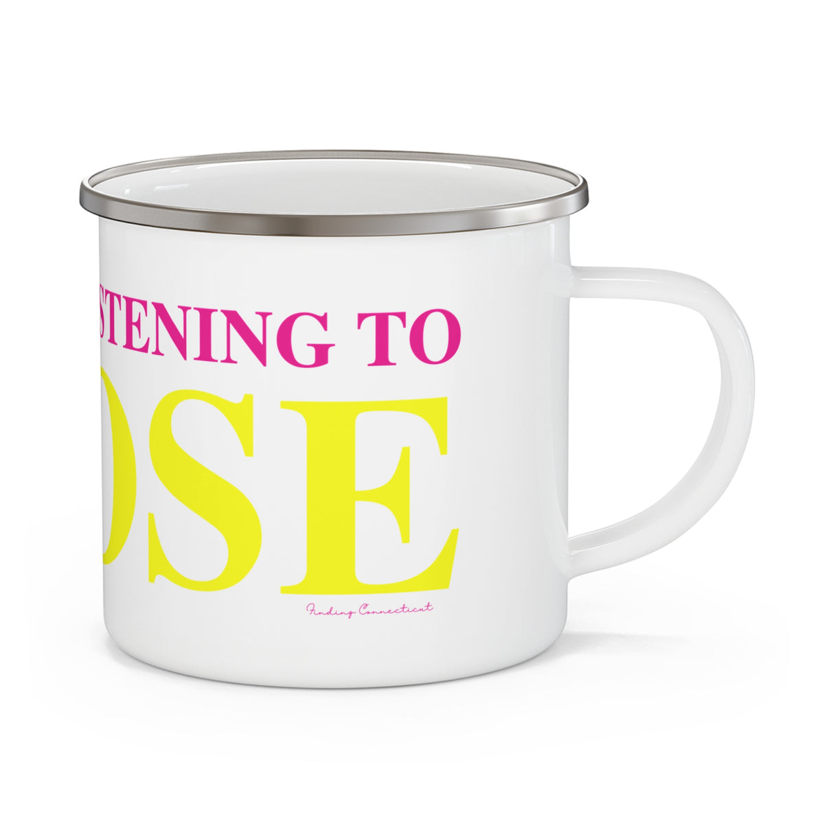 Just a kid listening to Goose - Yellow & Pink Enamel Camping Mug