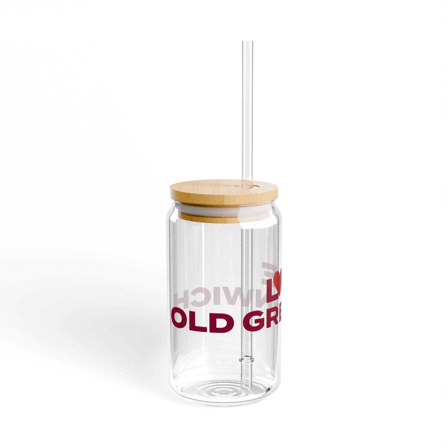 Love Old Greenwich Glass Can with Straw and Lid, 16oz