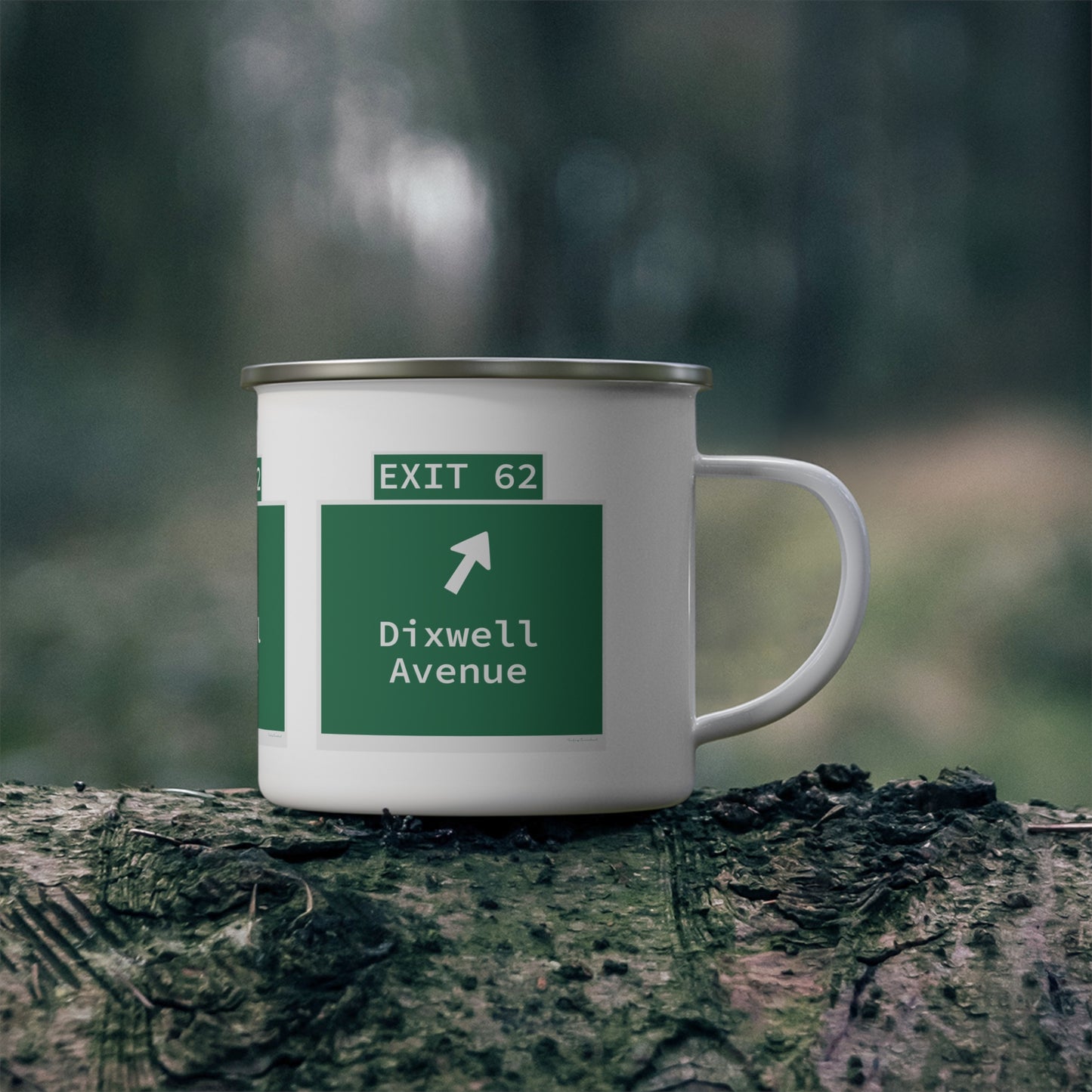 Vintage WCP Exit 62 Sign Enamel Camping Mug