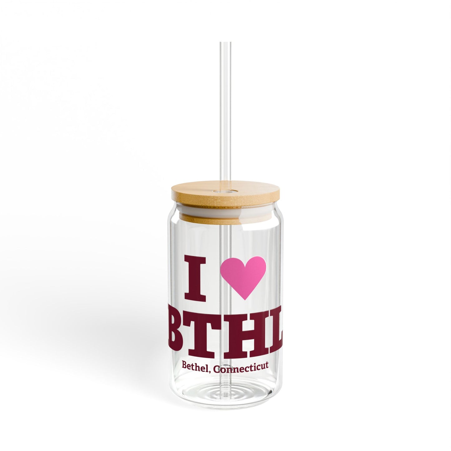 I Heart BTHL Glass Can with Straw and Lid, 16oz