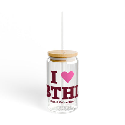 I Heart BTHL Glass Can with Straw and Lid, 16oz
