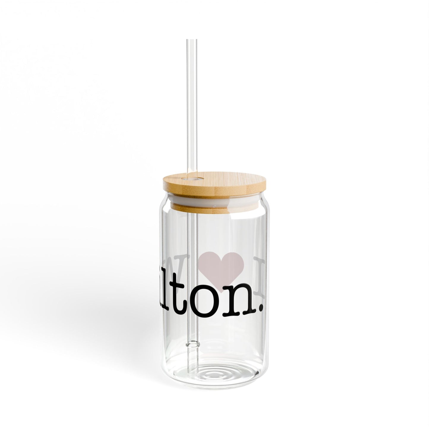 I Heart Wilton. Glass Can with Straw and Lid, 16oz