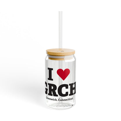 I Heart GRCH Glass Can with Straw and Lid, 16oz