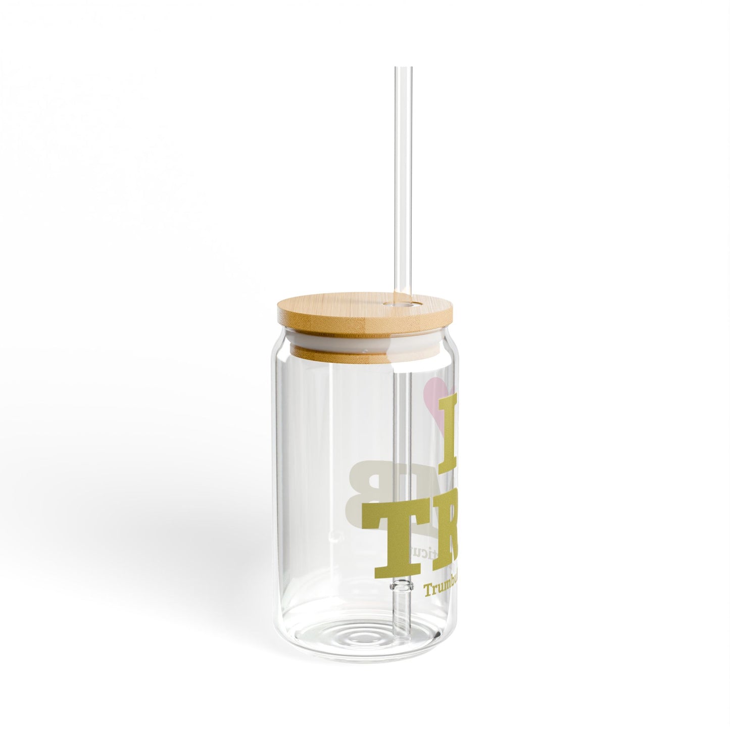 I Heart TRMB Glass Can with Straw and Lid, 16oz