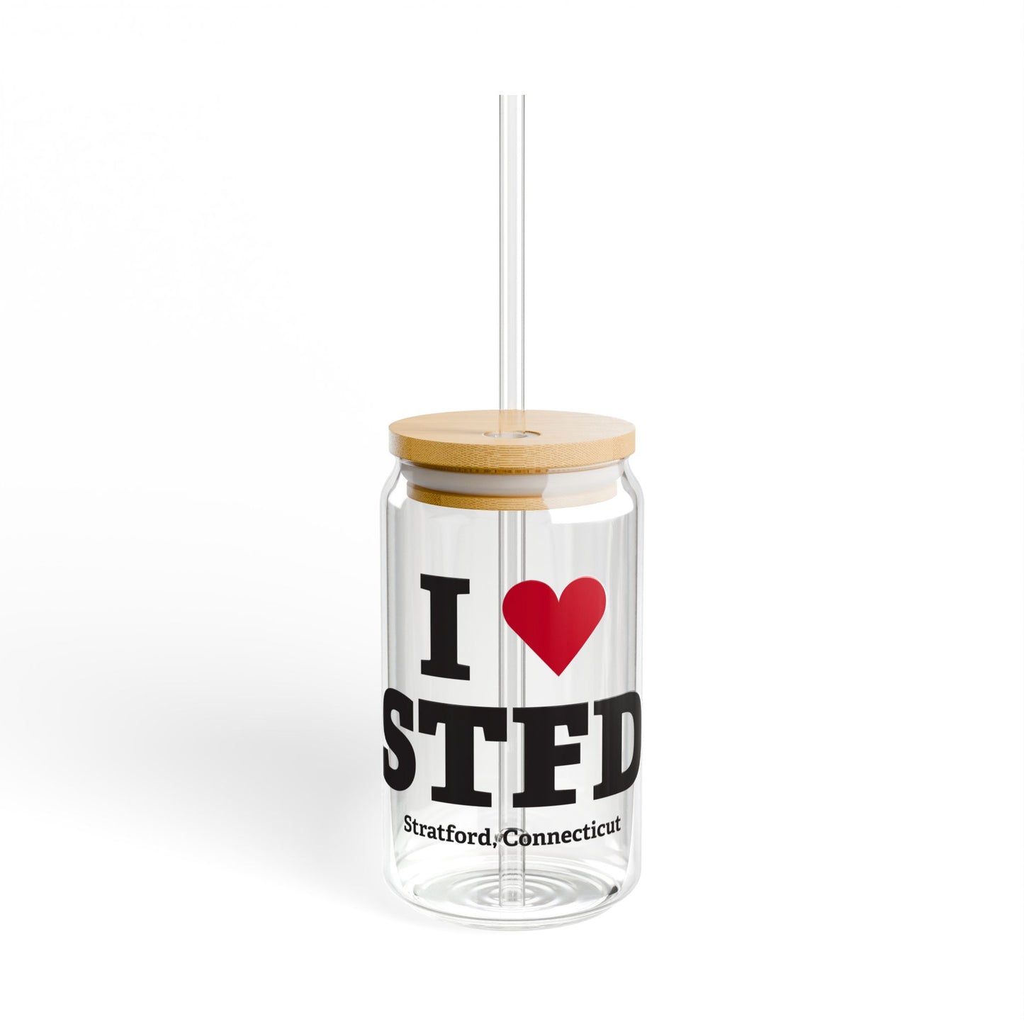 I Heart STFD Glass Can with Straw and Lid, 16oz