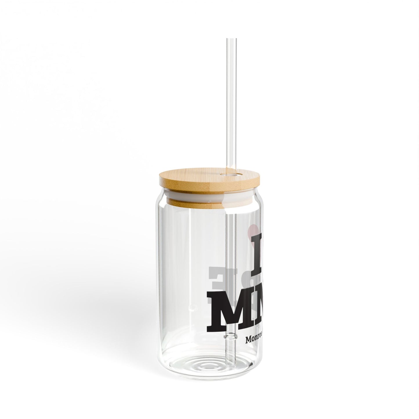 I Heart MNRE Glass Can with Straw and Lid, 16oz