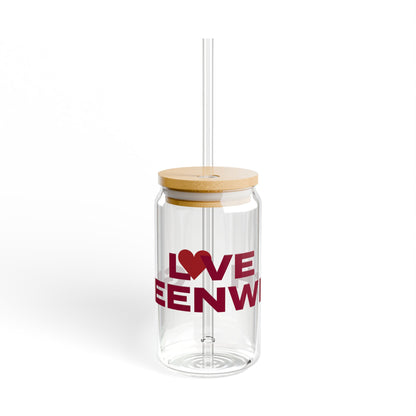 Love Greenwich Glass Can with Straw and Lid, 16oz