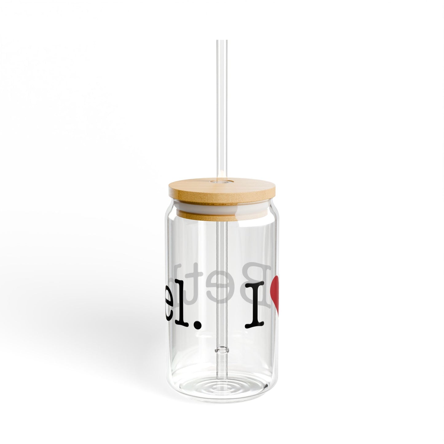 I Heart Bethel. Glass Can with Straw and Lid, 16oz