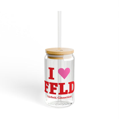 I Heart FFLD Glass Can with Straw and Lid, 16oz