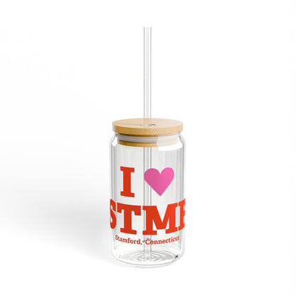 I Heart STMF Glass Can with Straw and Lid, 16oz
