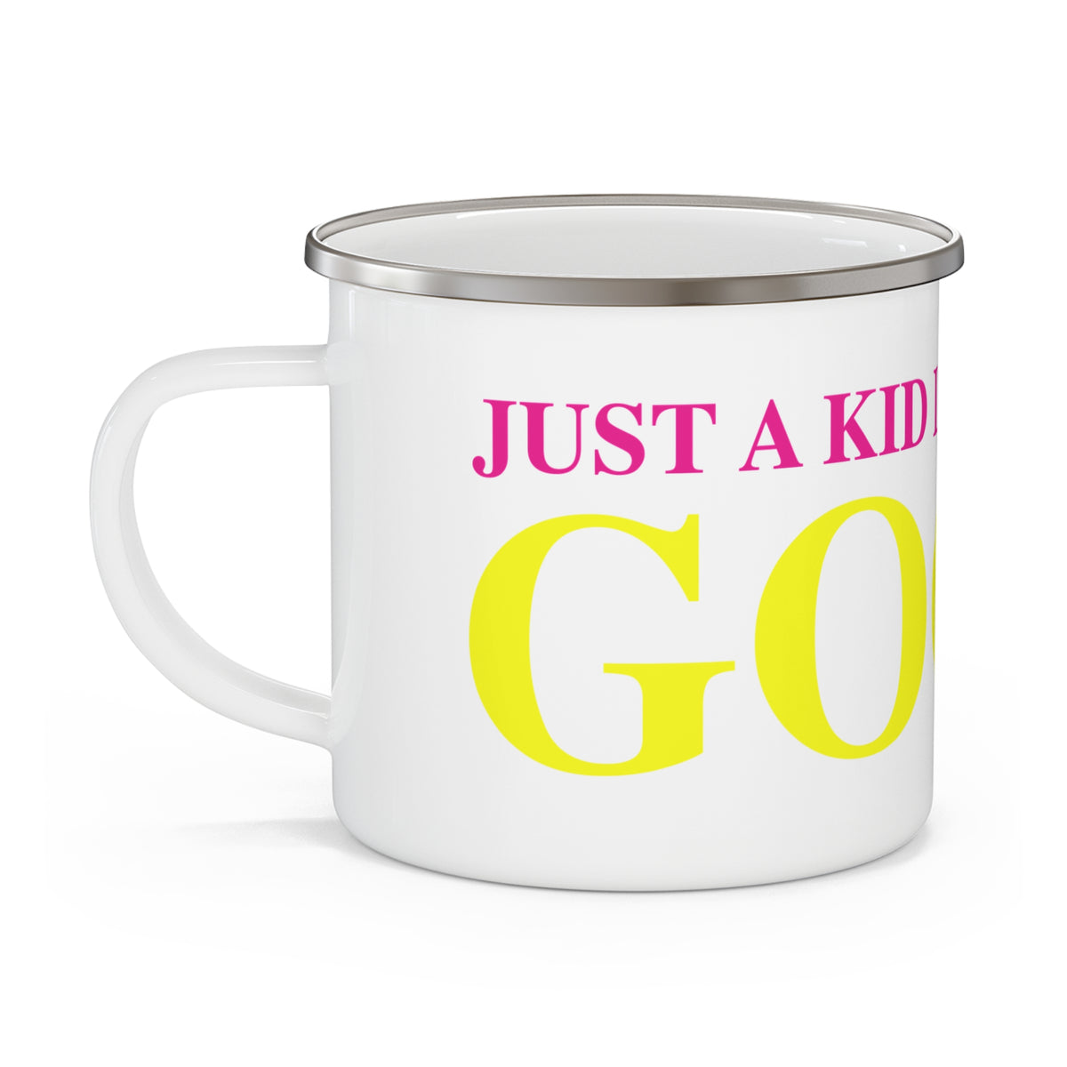 Just a kid listening to Goose - Yellow & Pink Enamel Camping Mug