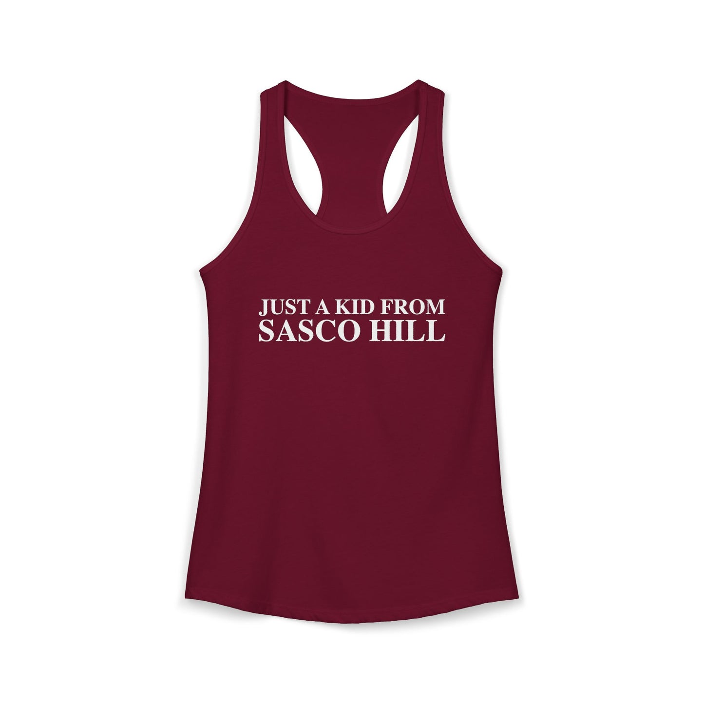 Just a kid from Sasco Hill Women's Ideal Racerback Tank Top