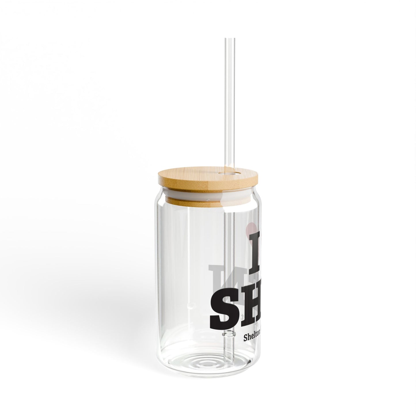 I Heart SHTN Glass Can with Straw and Lid, 16oz