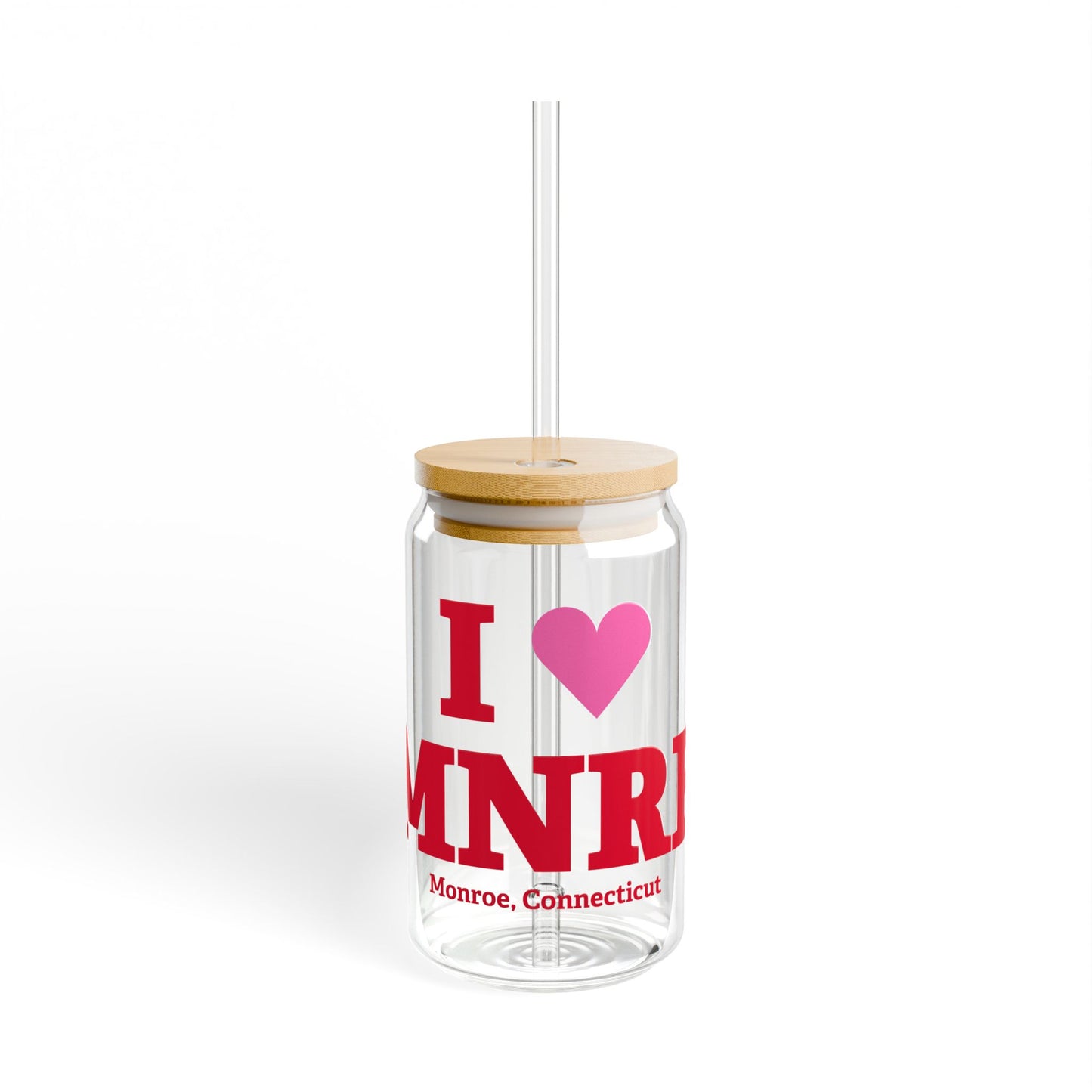 I Heart MNRE Glass Can with Straw and Lid, 16oz