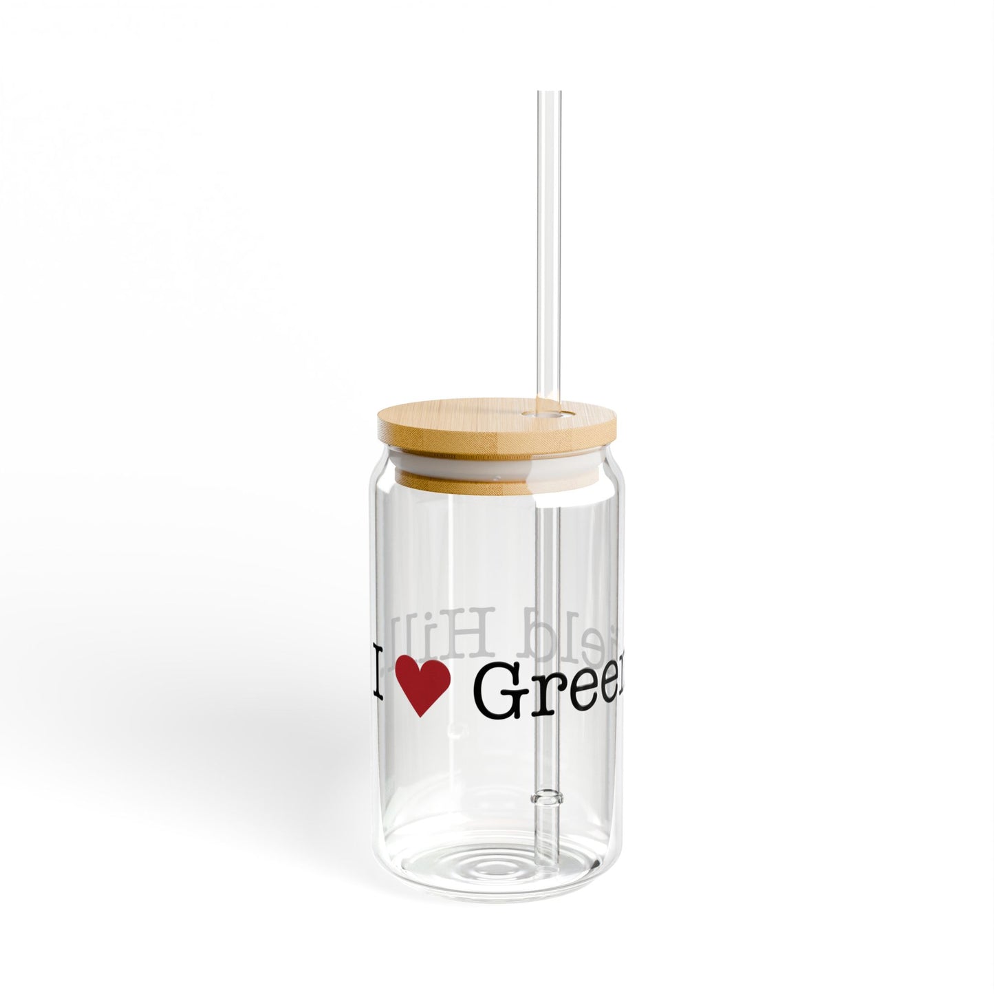 I Heart Greenfield Hill. Glass Can with Straw and Lid, 16oz