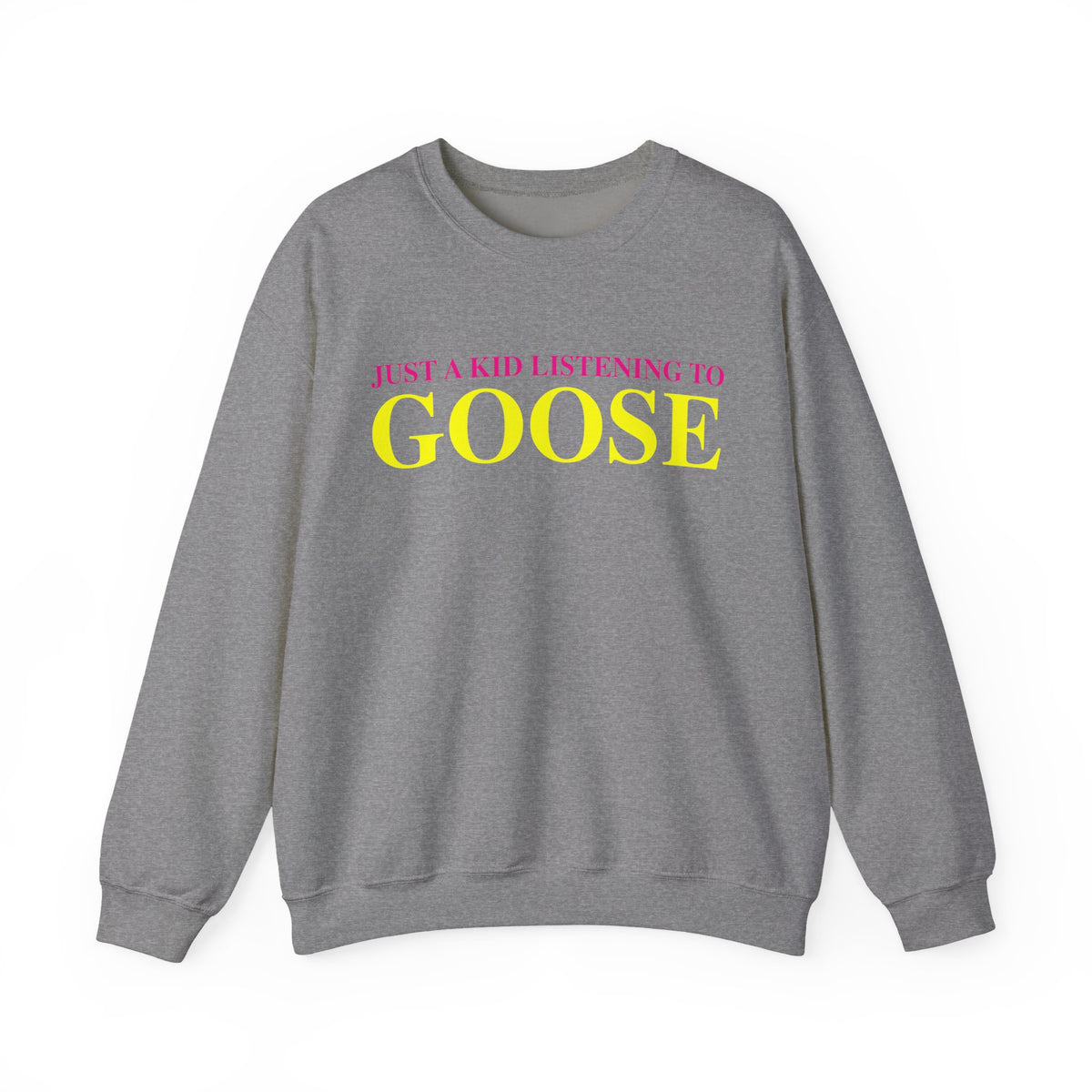 Just a kid listening to Goose - Yellow & Pink Unisex Heavy Blend™ Crewneck Sweatshirt