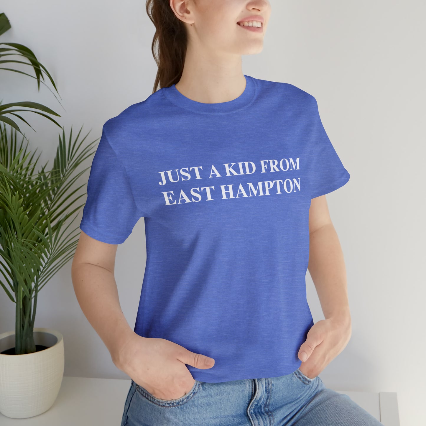 Just a kid from East Hampton Unisex Jersey Short Sleeve Tee (white)