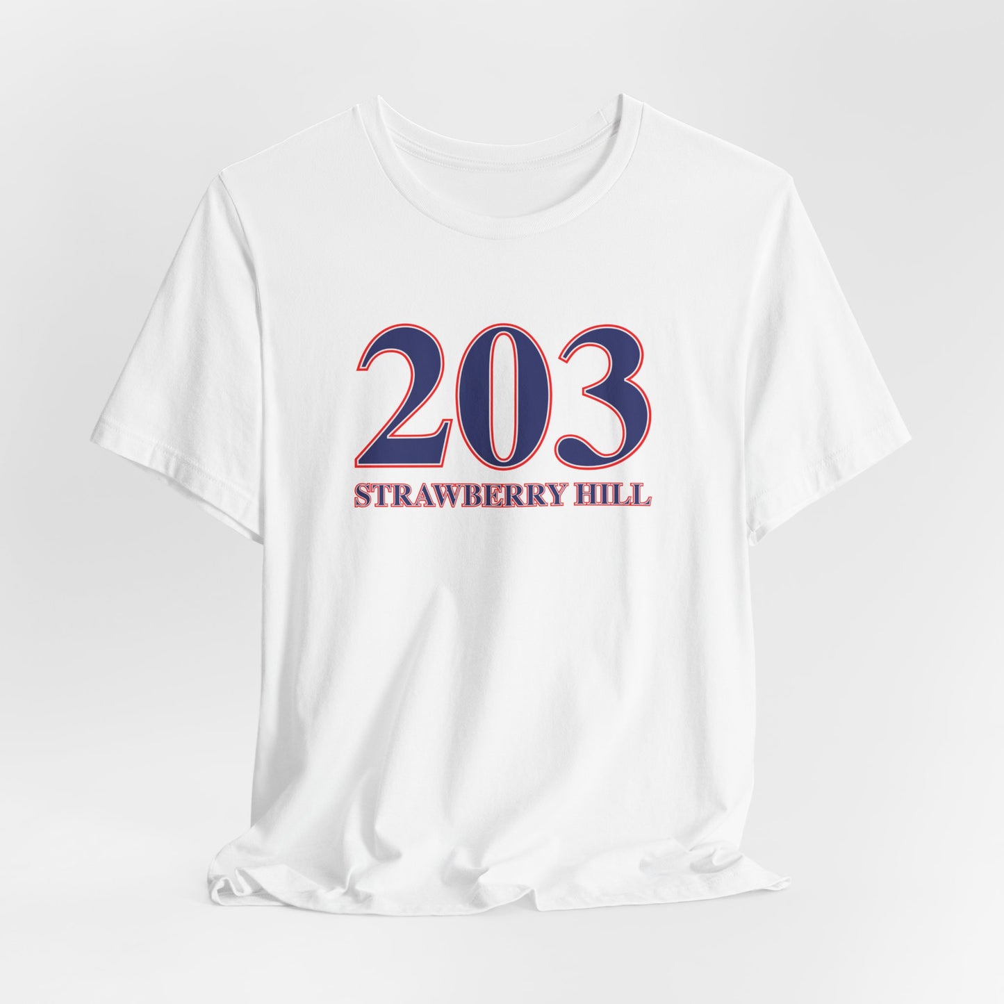 203 Strawberry Hill Red, White & Blue Unisex Jersey Short Sleeve T-Shirt