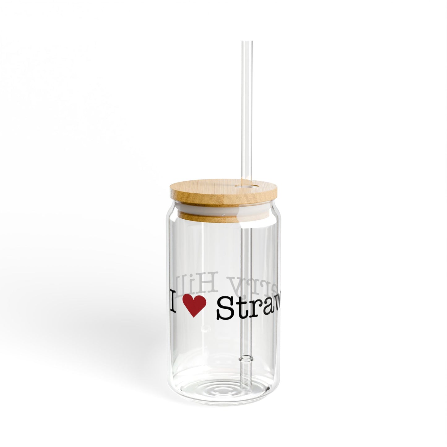 I Heart Strawberry Hill. Glass Can with Straw and Lid, 16oz