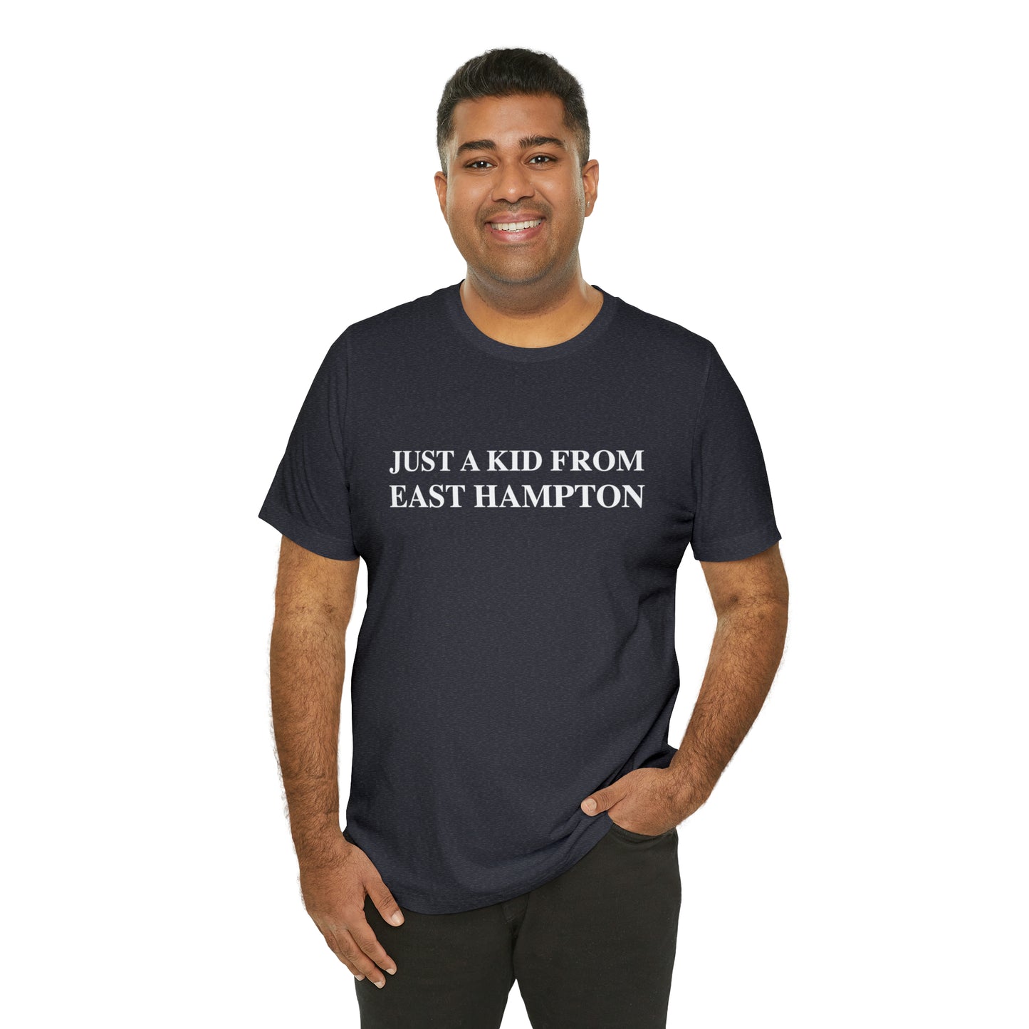 Just a kid from East Hampton Unisex Jersey Short Sleeve Tee (white)