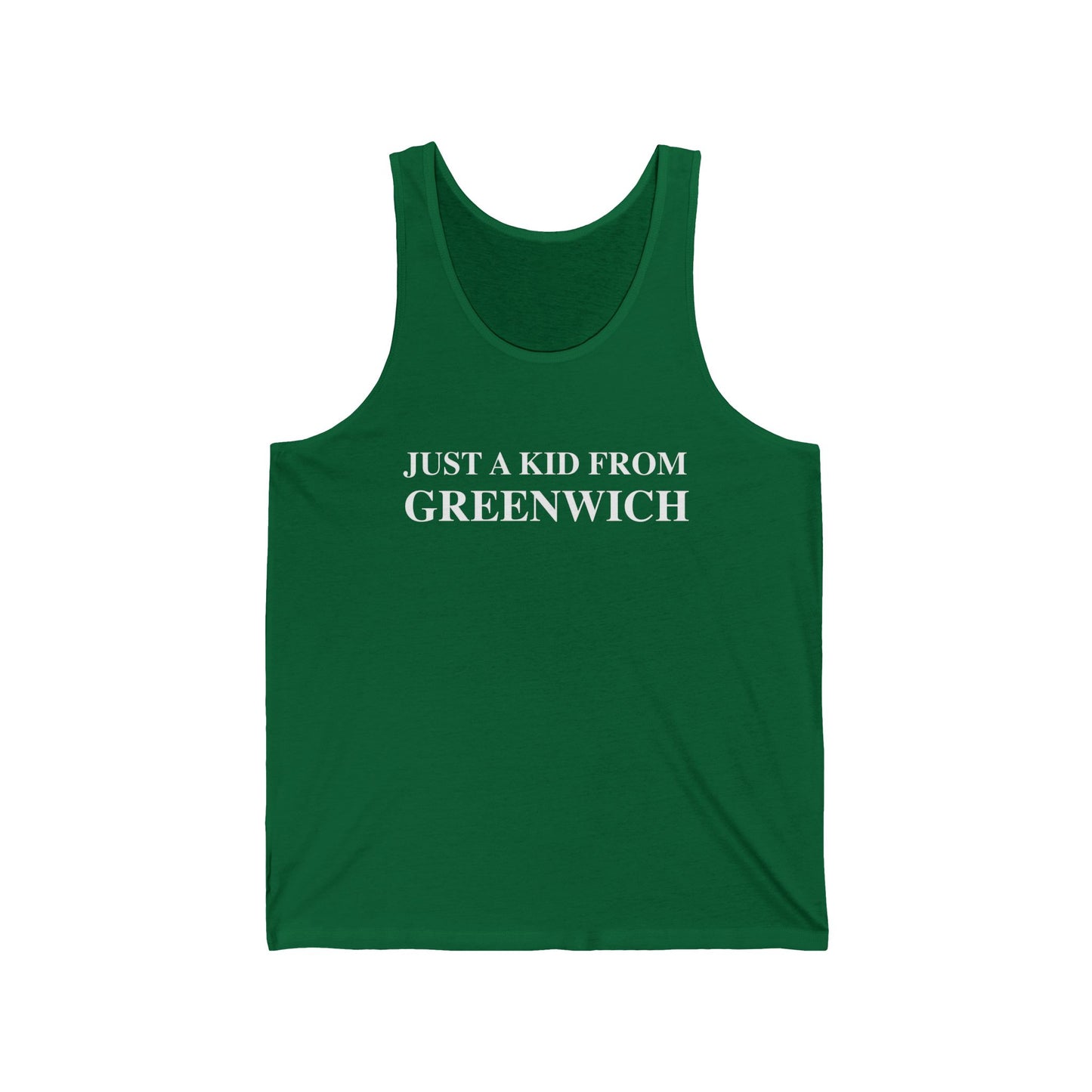 Just a kid from Greenwich Unisex Jersey Tank Top