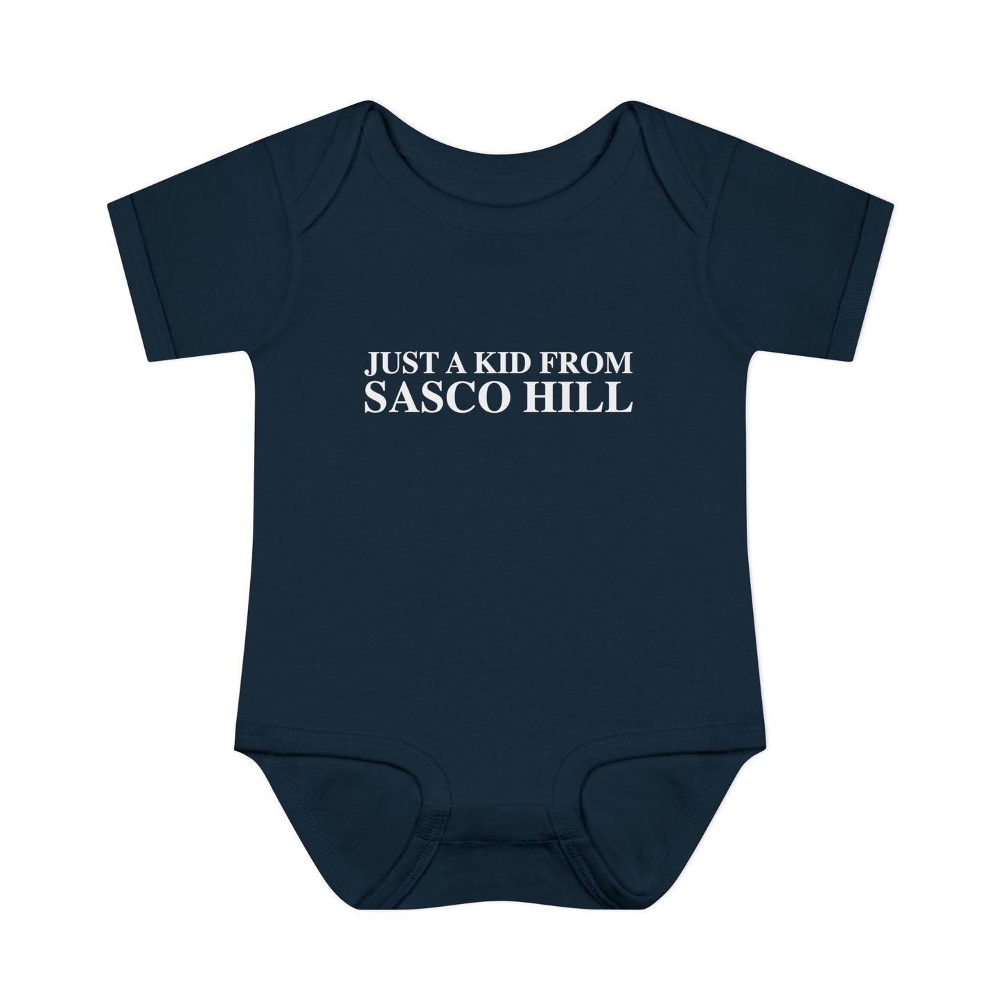 Just a kid from Sasco Hill Infant Baby Rib Bodysuit