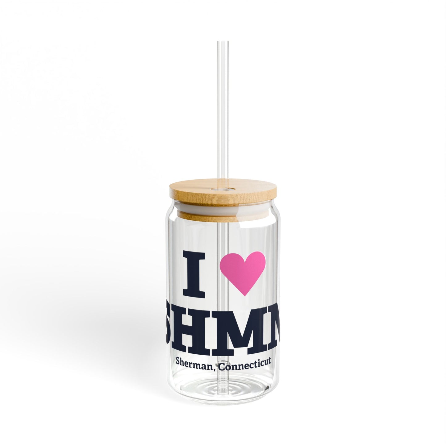 I Heart SHMN Glass Can with Straw and Lid, 16oz