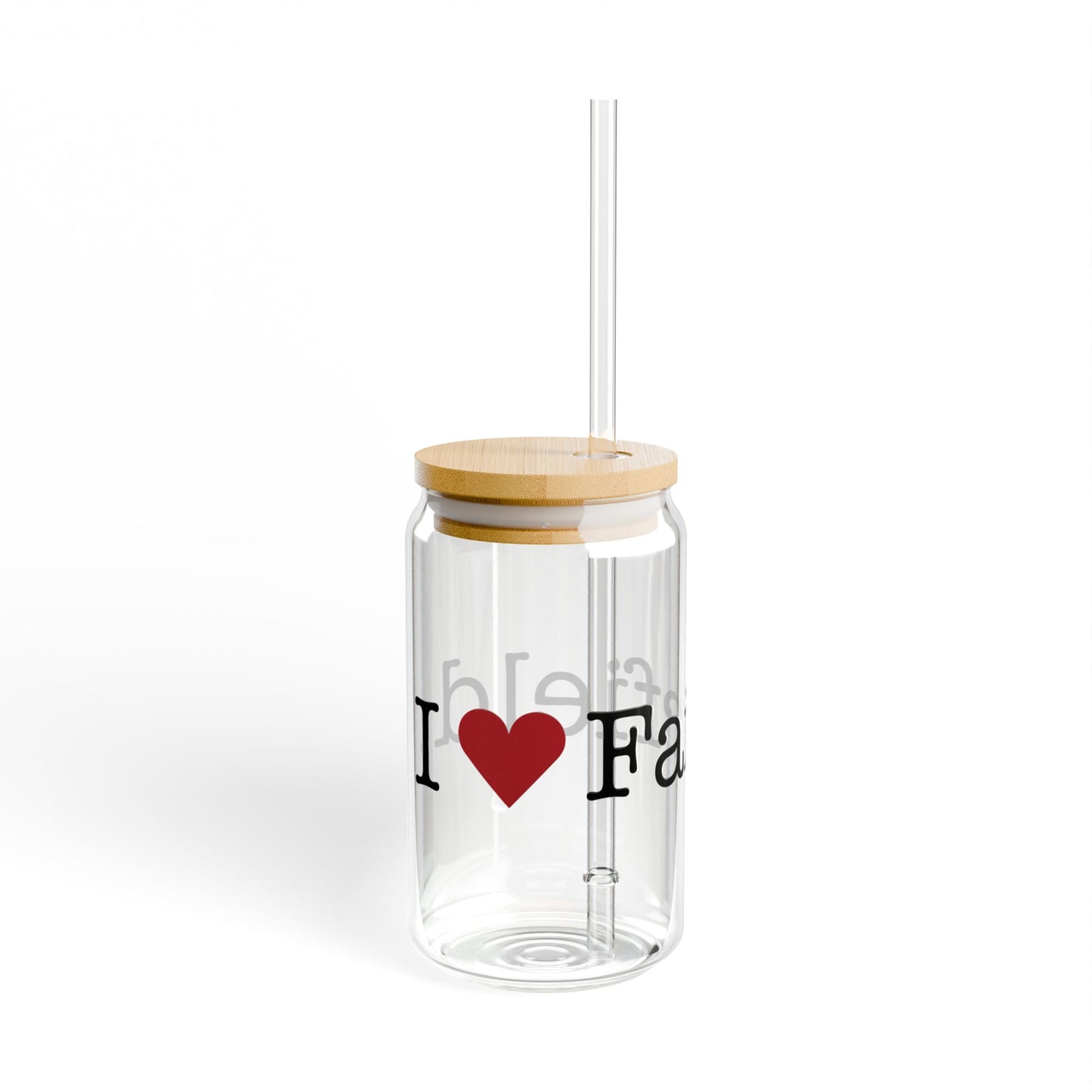 I Heart Fairfield. Glass Can with Straw and Lid, 16oz