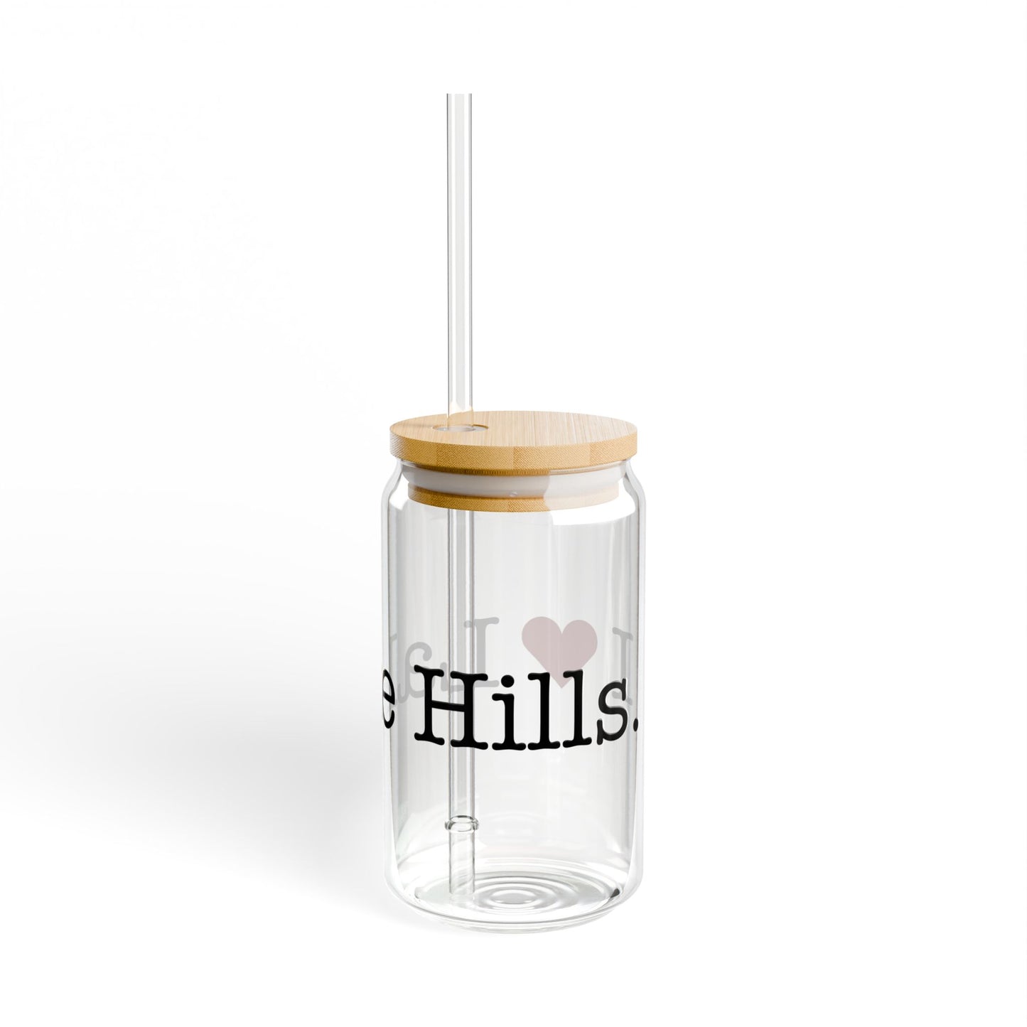 I Heart Lake Hills. Glass Can with Straw and Lid, 16oz