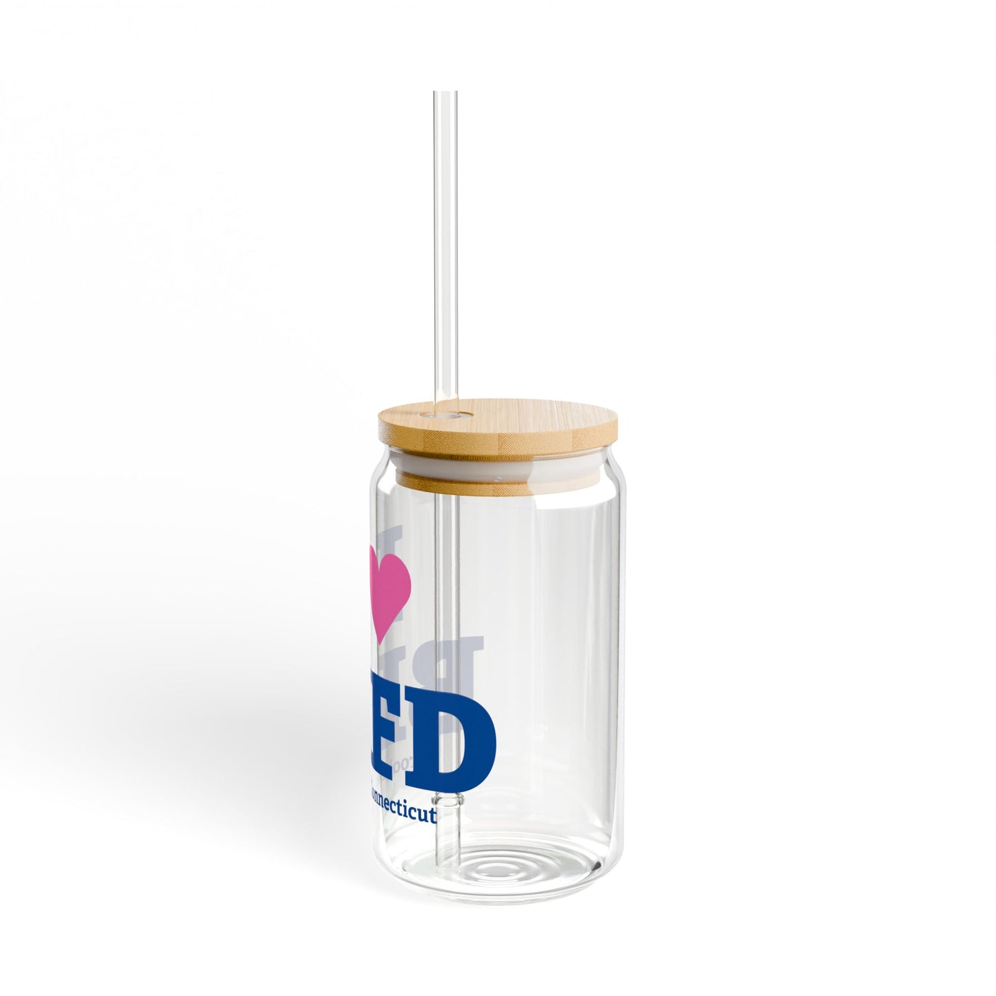 I Heart BKFD Glass Can with Straw and Lid, 16oz