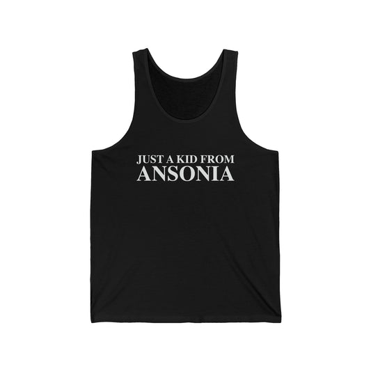 Just a kid from Ansonia Unisex Jersey Tank Top