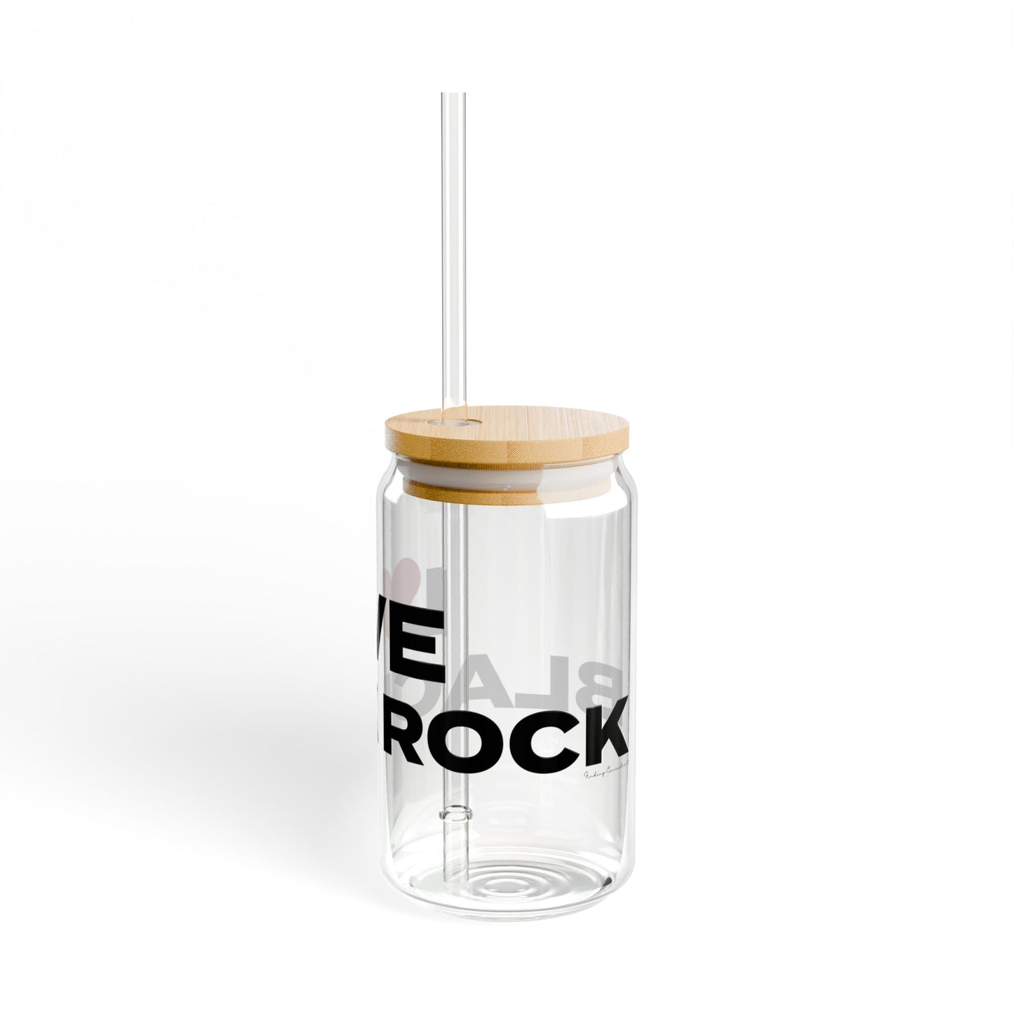 Love Black Rock Glass Can with Straw and Lid, 16oz