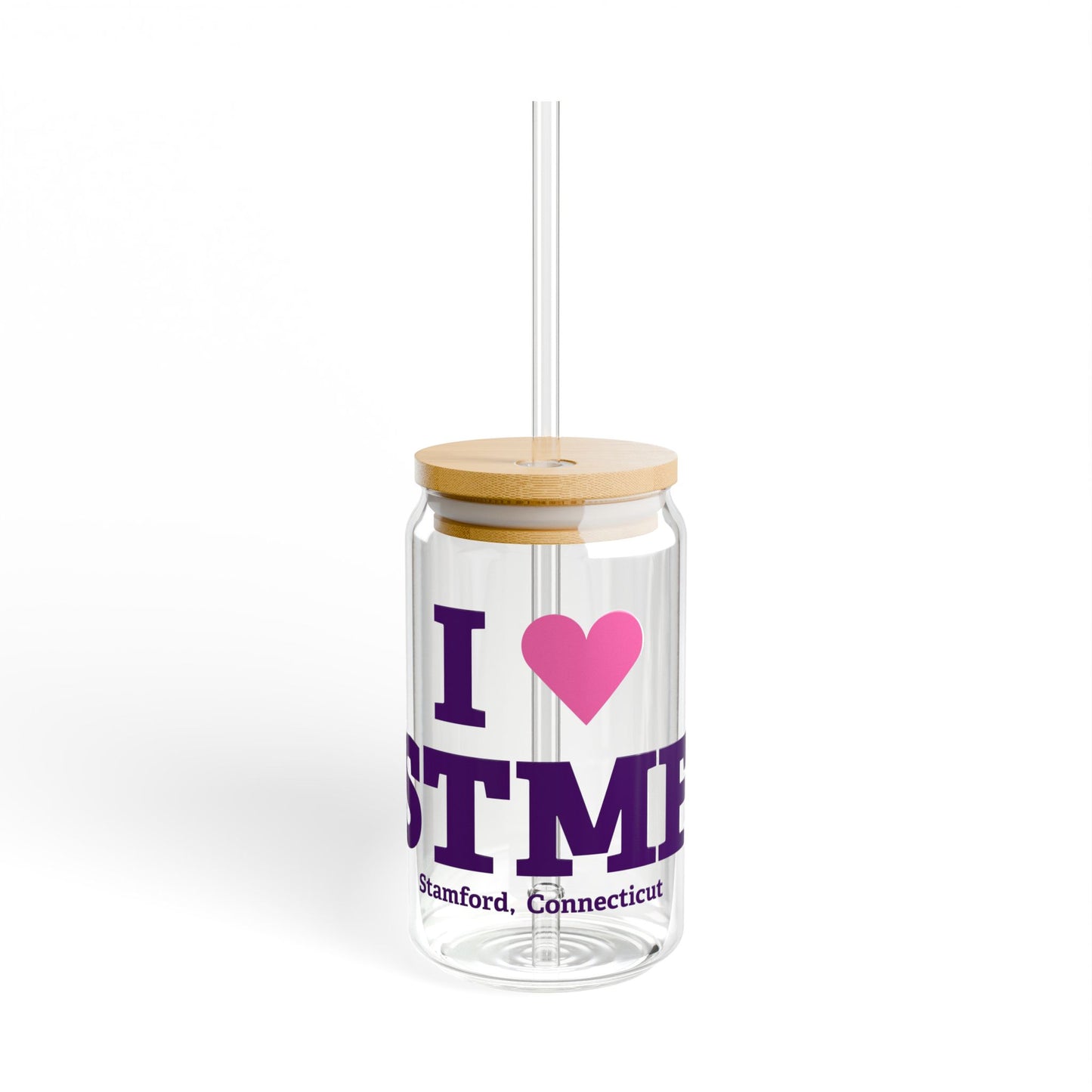 I Heart STMF Glass Can with Straw and Lid, 16oz