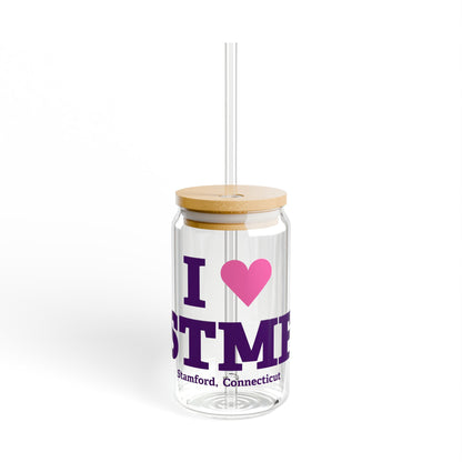 I Heart STMF Glass Can with Straw and Lid, 16oz