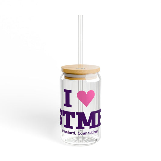I Heart STMF Glass Can with Straw and Lid, 16oz