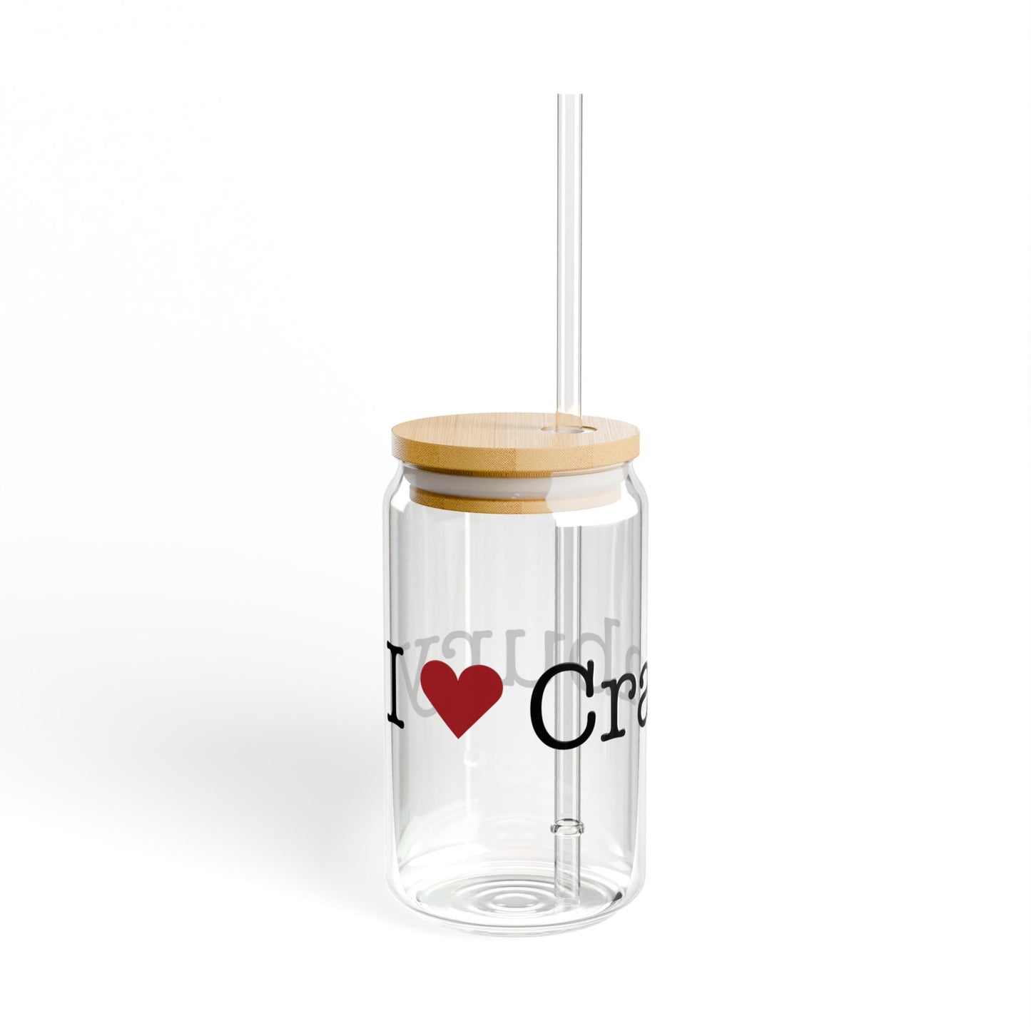 I Heart Cranbury. Glass Can with Straw and Lid, 16oz