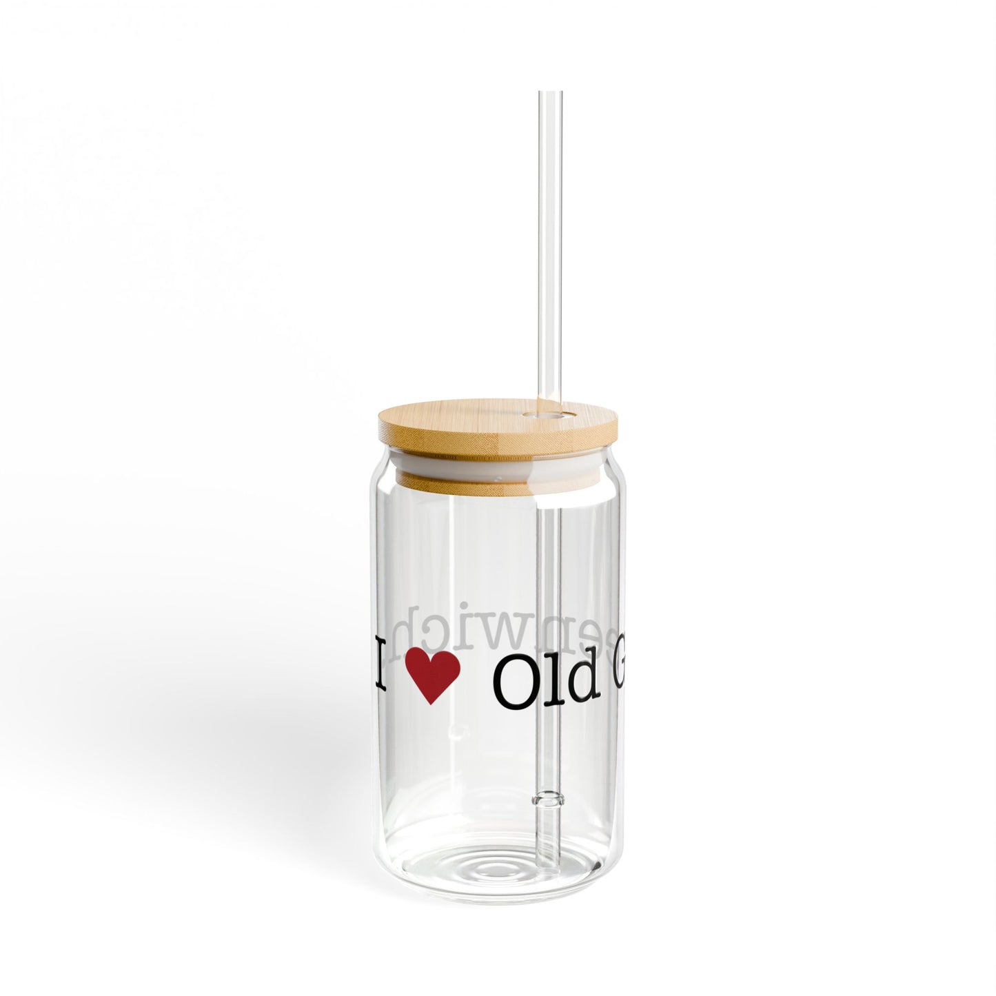 I Heart Old Greenwich. Glass Can with Straw and Lid, 16oz