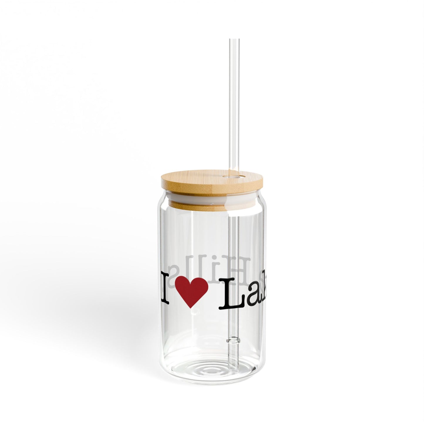 I Heart Lake Hills. Glass Can with Straw and Lid, 16oz