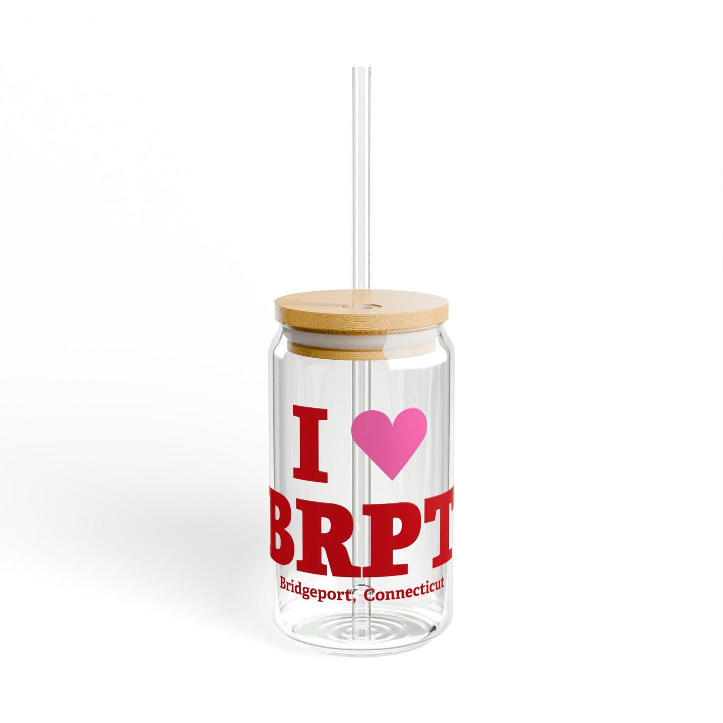 I Heart BRPT Glass Can with Straw and Lid, 16oz