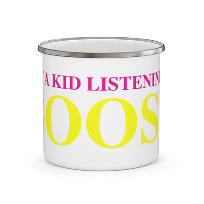Just a kid listening to Goose - Yellow & Pink Enamel Camping Mug