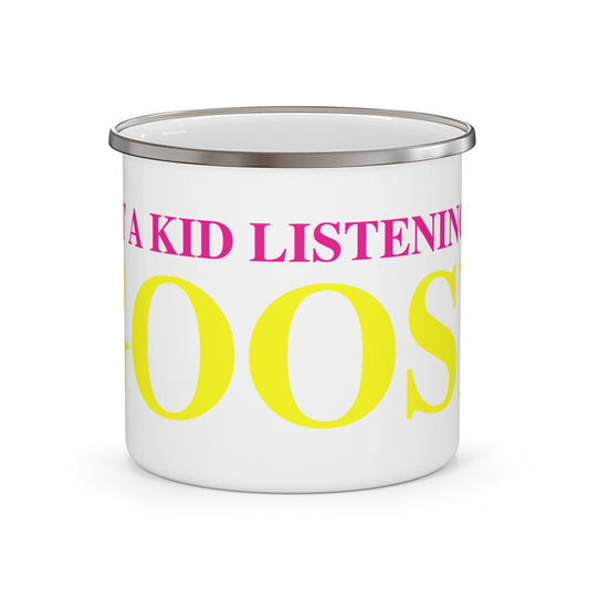 Just a kid listening to Goose - Yellow & Pink Enamel Camping Mug